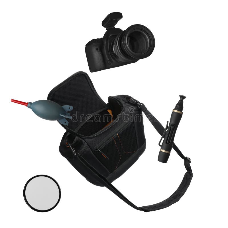 Different Professional Photography Equipment Falling on Beige