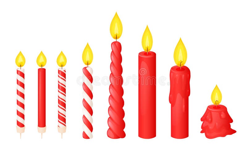 Premium Vector  Birthday cake candles with fire flame and colored spiral  strips. small wax sticks with burning wick isolated on white background.  vector cartoon set of candles for holiday party