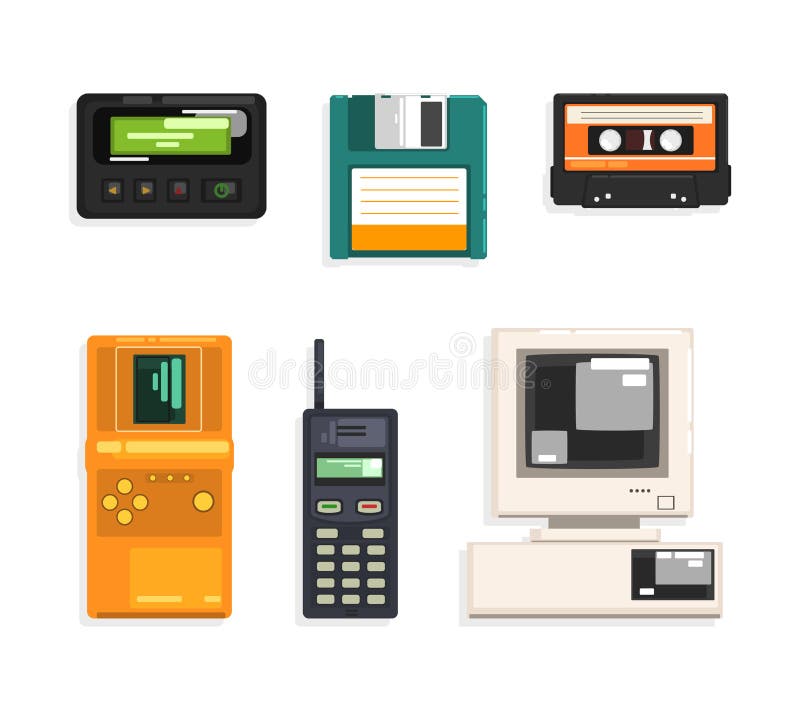 Different Retro Gadgets with Floppy, Cassette, Phone, Computer and Tetris Vector Set stock illustration