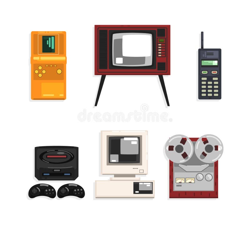 Different Retro Gadgets with Television, Phone, Computer, Tetris, Gamepad and Tape-recorder Vector Set royalty free illustration