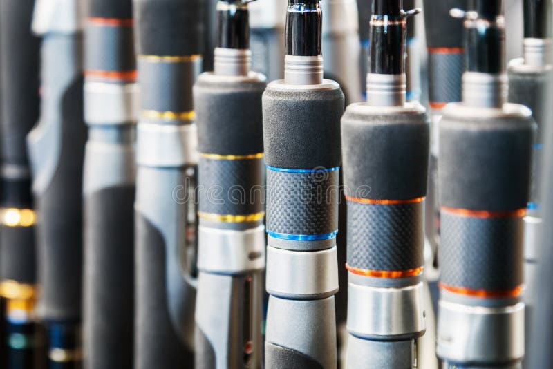 Different Rods and Spinning Rods for Fishing on the Counter in the Store Stock Image Image of