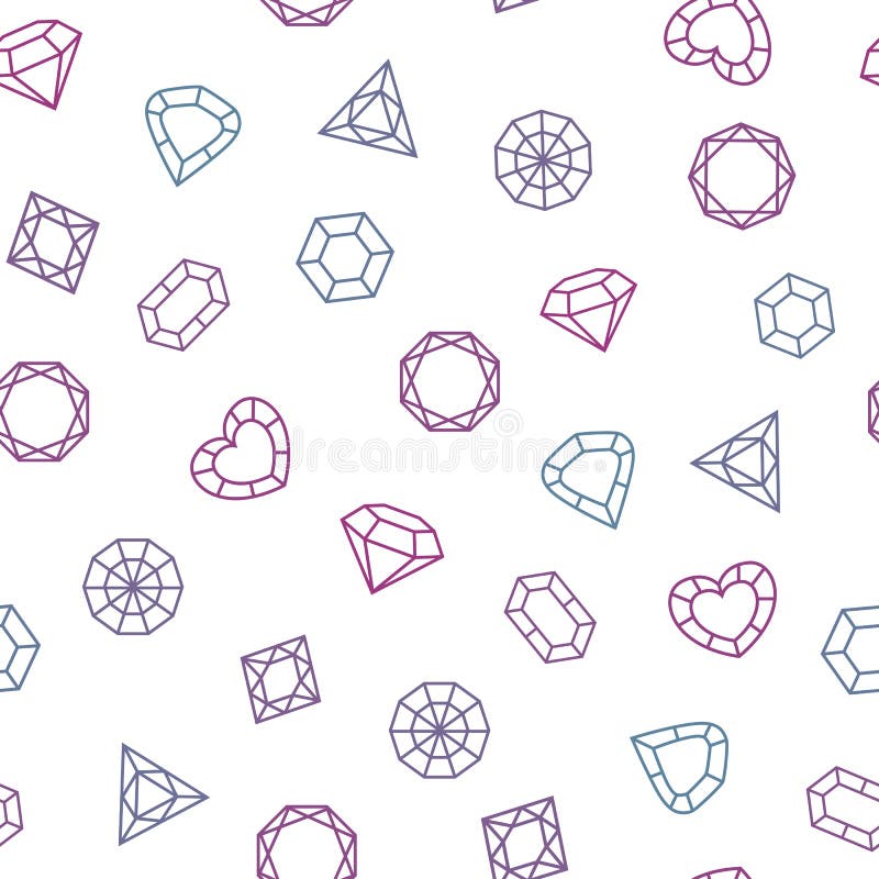 Different Shaped Crystals Set. Seamless Pattern with Colorful Outline Diamonds. Stock Vector