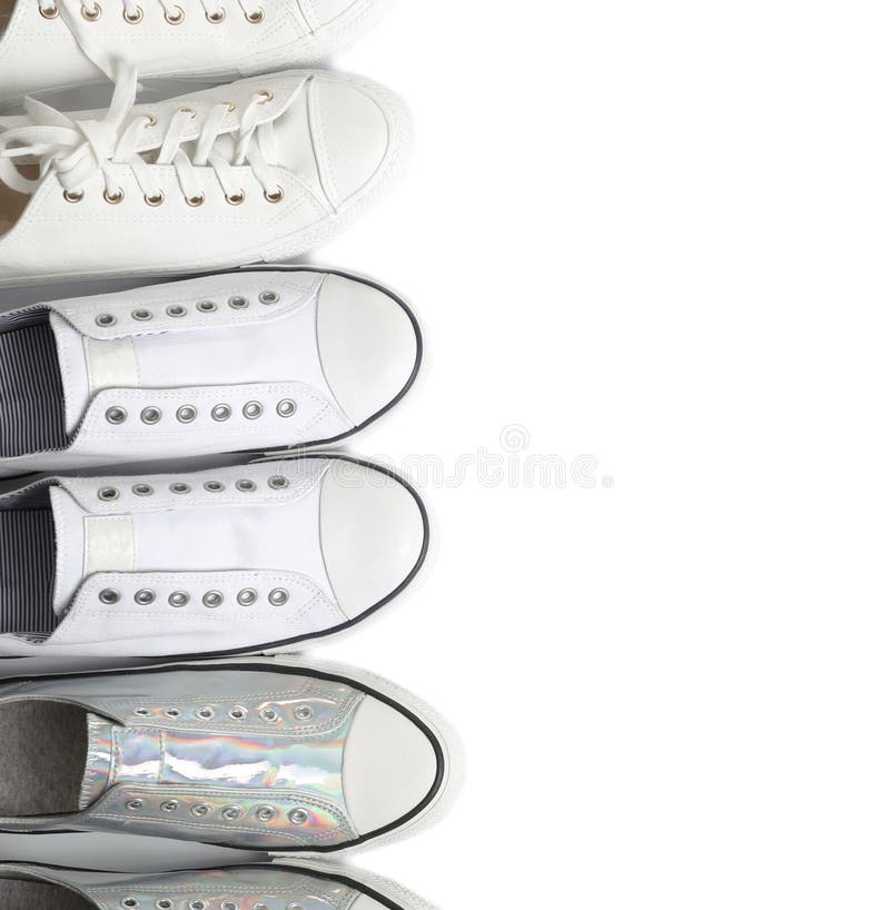 Different Sneakers on White Background, Top View Stock Photo - Image of ...
