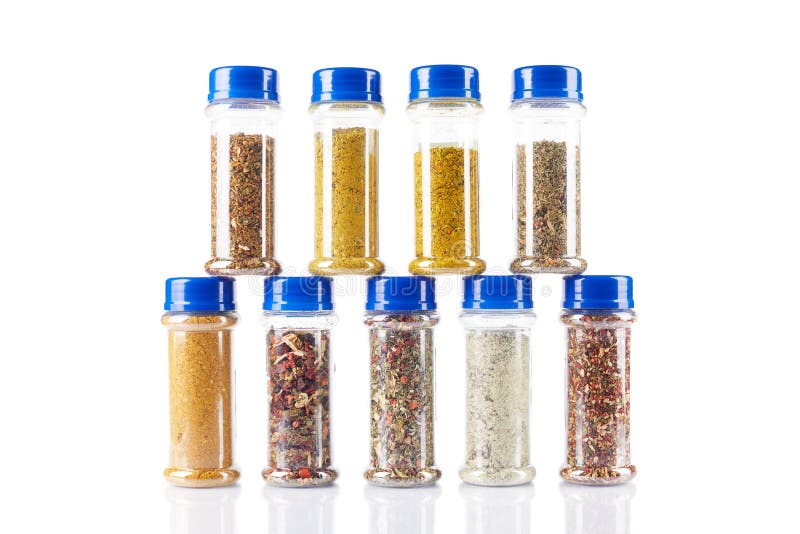 Different Spices Jars and Pepper Mill Stock Photo Image of herb, colorful 219316376