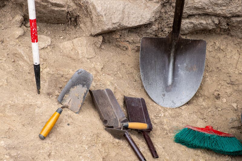 Different Tools in an Archaeological Excavation Stock Photo Image of