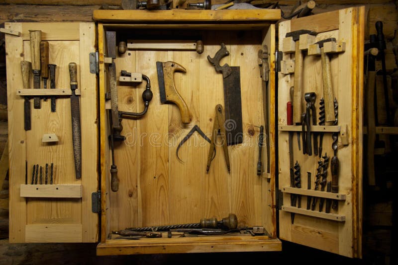 Different tools in wooden box