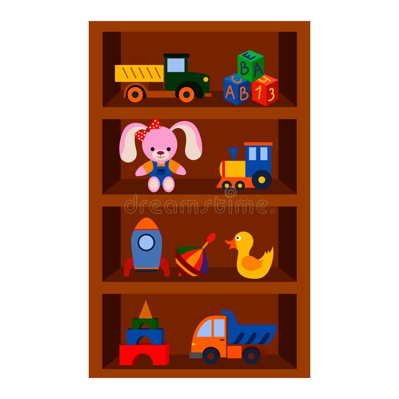 Different Toys on a Shelf, a with Toys, Vector Isolated on a