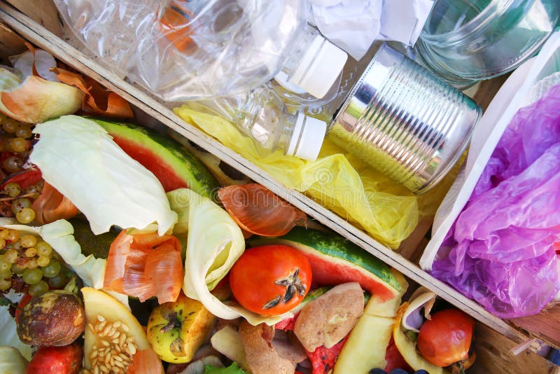 Different trash. Garbage sorting: iron, paper, plastic, domestic waste for compost from fruits and vegetables royalty free stock photos