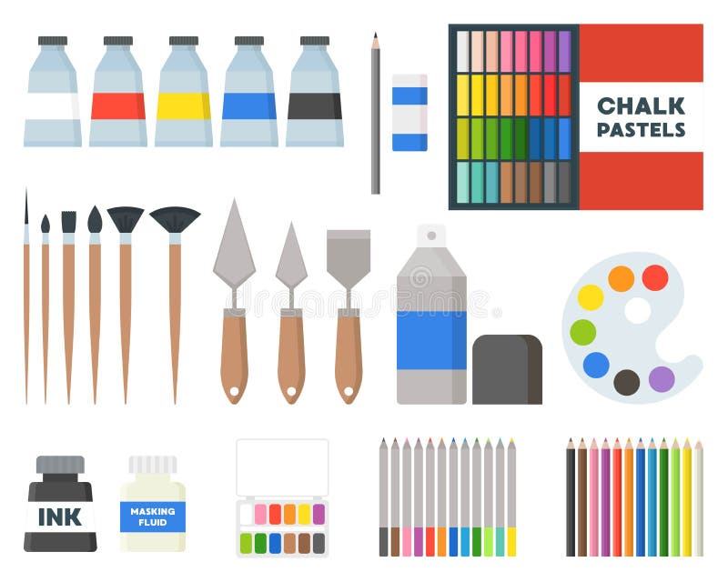 Art Equipment Set Canvas Board Paint Palette And Bucket With Paint Brushes  Stock Illustration - Download Image Now - iStock