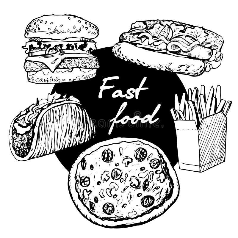 Different type of fast food royalty free illustration