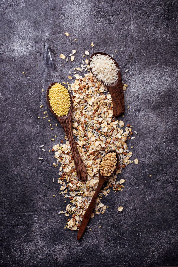 Different Type of Grain Rice, Wheat, Oatmeal, Oat, Buckwheat Stock