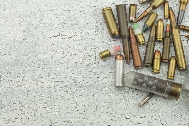 Different types of ammunition. Bullets of different calibers and types. The right to own a gun. Sales of weapons and ammunition. Types conflict stock images, royalty-free photos and pictures