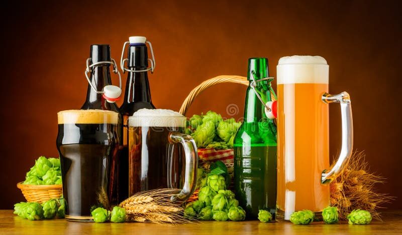 Different Types of Beer and Brewing Ingredients royalty free stock photos