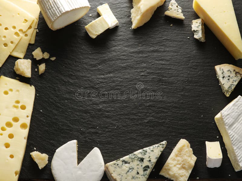 Different types of cheeses arranged as a frame. stock image
