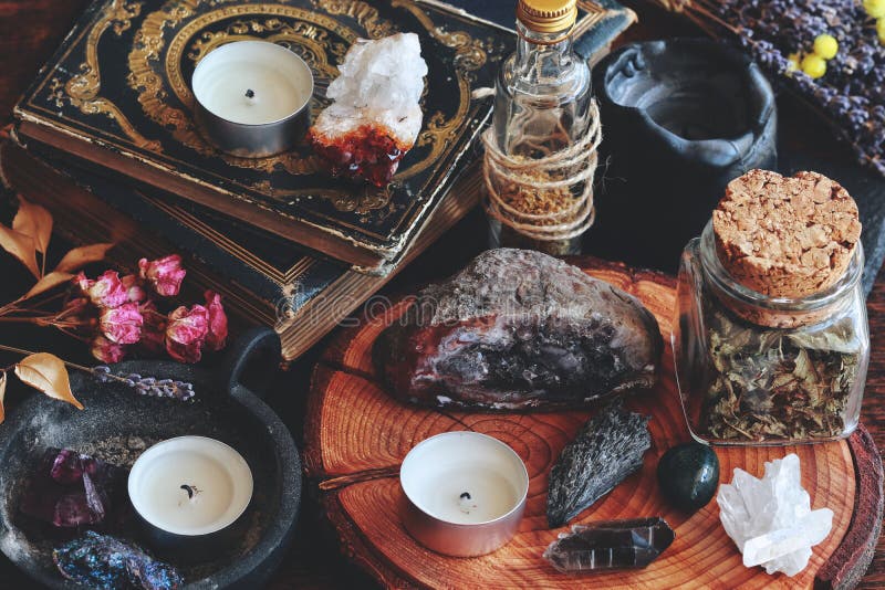 Different types of crystals on wiccan witch altar royalty free stock images
