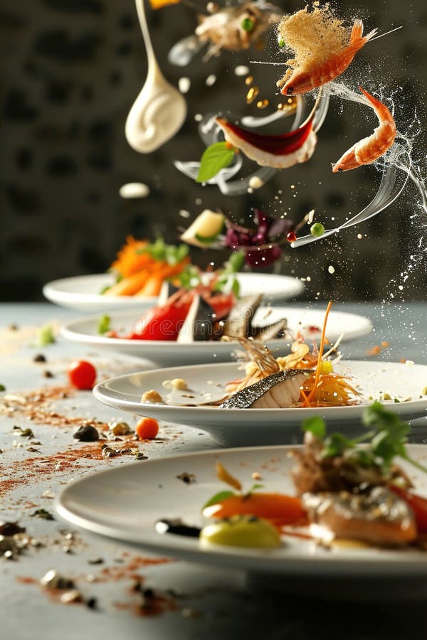 Different Types Of Fish And Seafood Cooked Flying And Floating In The Air Chaotically And