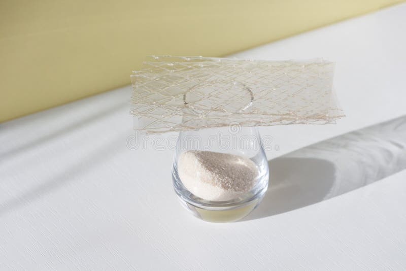 Different Types of Gelatin Powder and Sheets on White Table Stock Image
