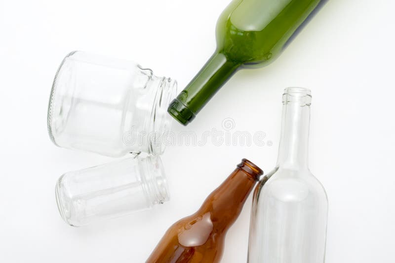 Different Types of Glass Bottles on White Background. Recyclable Waste