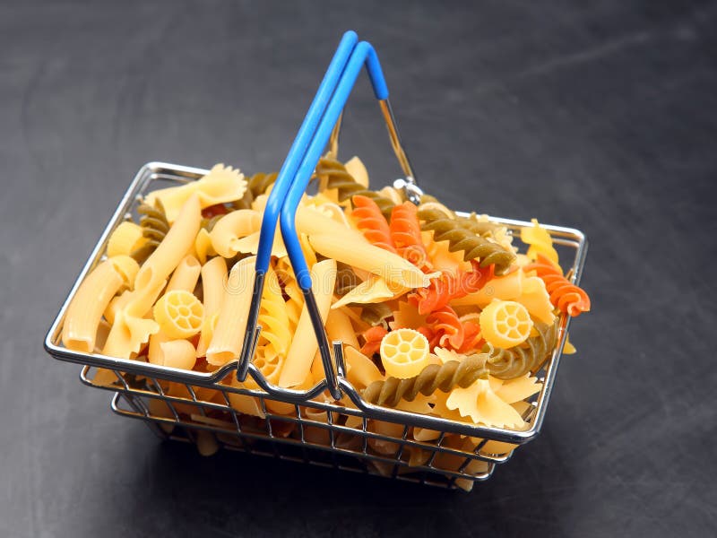 Different Types of Italian Pasta in a Grocery Basket from the Market