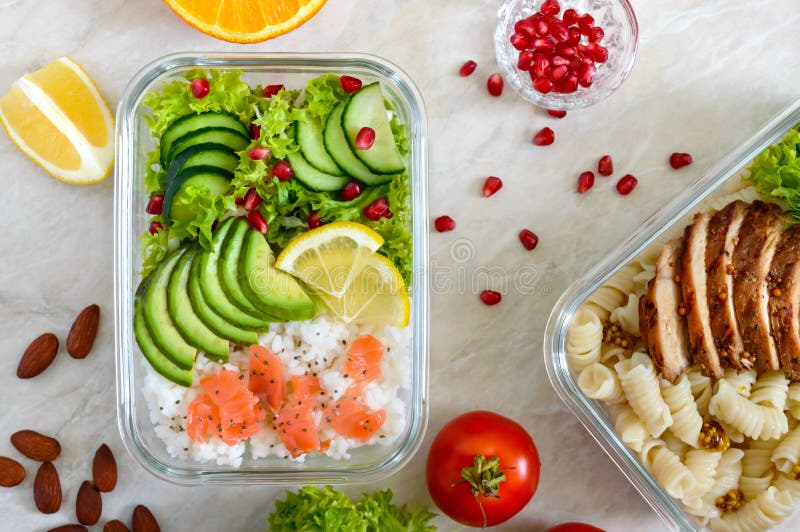 Different types of lunch boxes. Top view, flat lay. Delicious healthy lunch. royalty free stock photos Different types of lunch boxes. Top view, flat lay. Delicious healthy lunch. royalty free stock photos