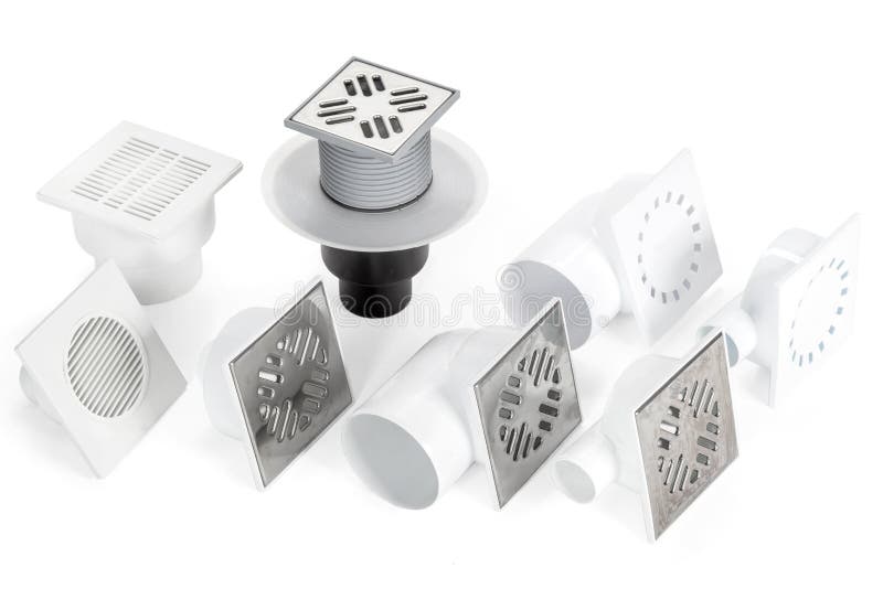 Different types of metal drain holes with a metal plastic base stock images