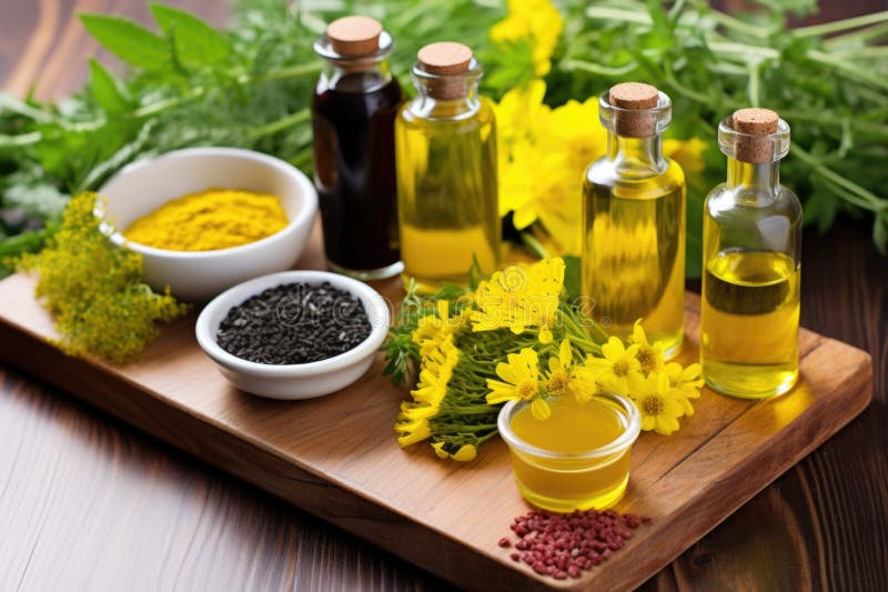 Different Types of Oils Olive, Sunflower, Canola on a Cutboard Stock