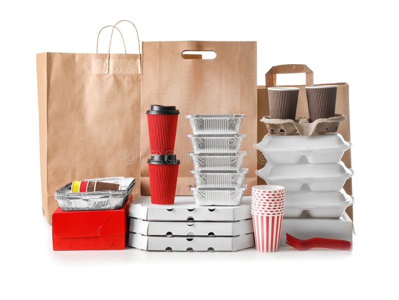 Different Types of Packages on White Background. Food Delivery Service