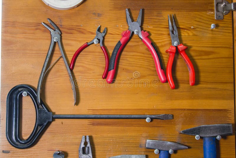 Different Types of Pliers on the Wooden Table Stock Photo Image of