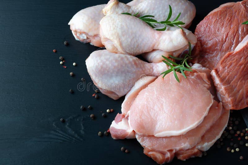 Different Types of Raw Meat on a Black Backgroun Stock Image Image of