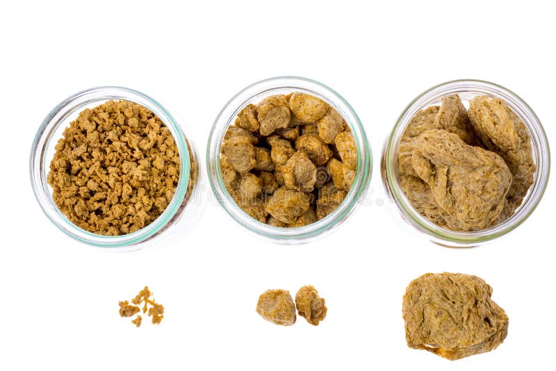 Different Types of Textured Soy Protein Meat on White Backgrou Stock