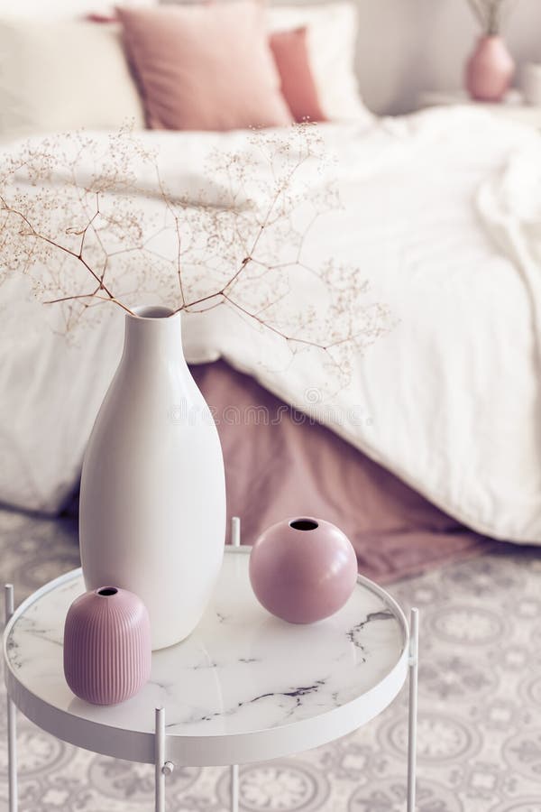 Different Types of Vases on Small Coffee Table in Bright Bedroom Interior Stock Image Image of