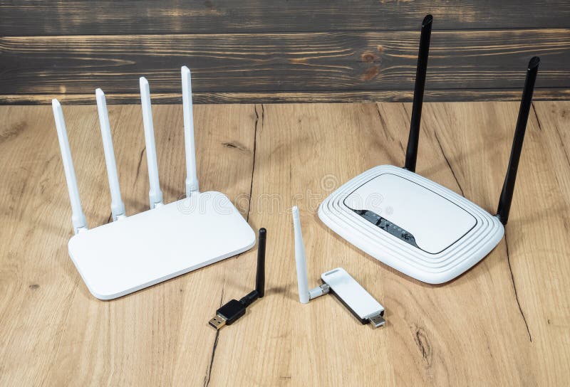 Different types of Wi-Fi routers, modern and old technology. Wireless ethernet connection signal. USB Wifi Receiver Wireless Network Card. High Speed Antenna Wifi Adapters.
