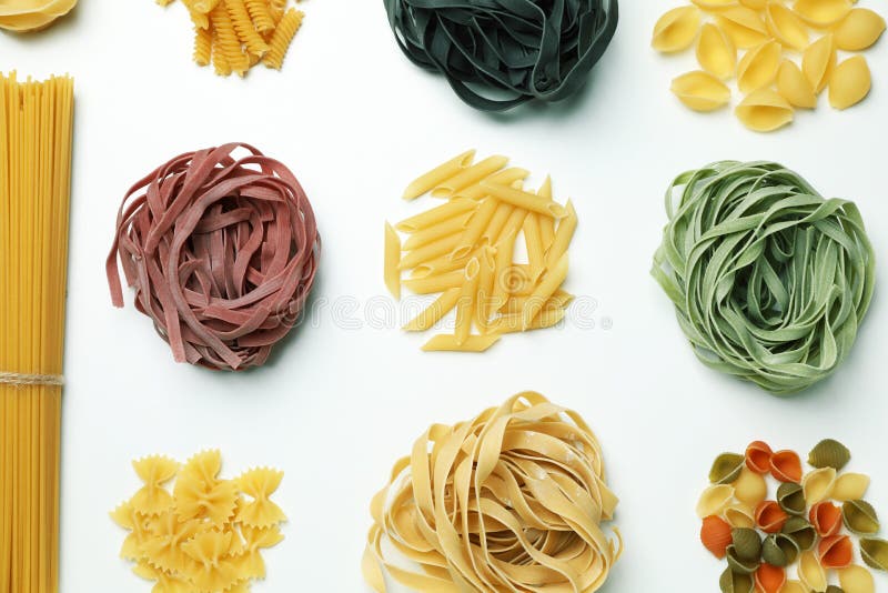 Different Uncooked Color Pasta on White Background Stock Image Image