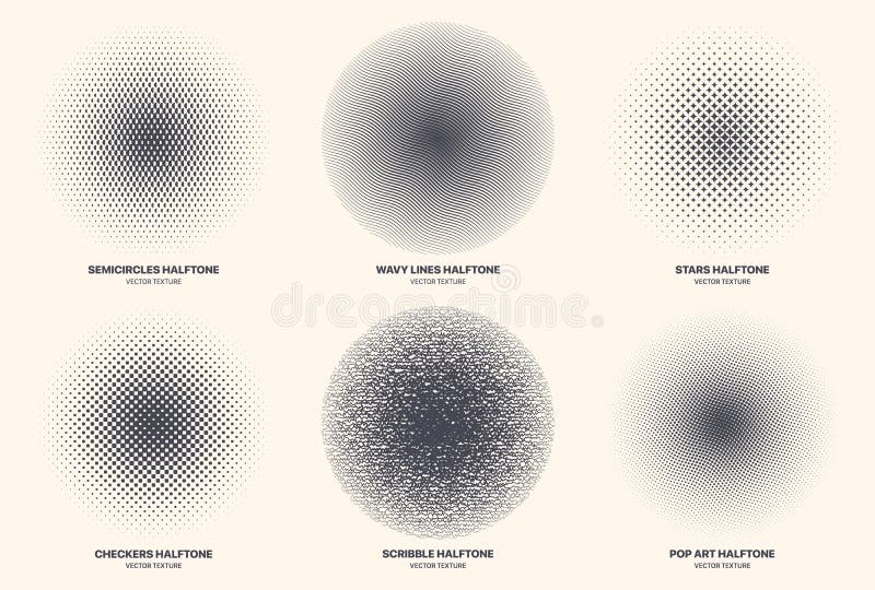 Different Variations Modern Halftone Isolated Texture Set Vector Radial Patterns stock illustration