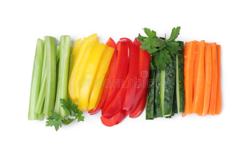 Different Vegetables Cut in Sticks on White, Top View Stock Photo