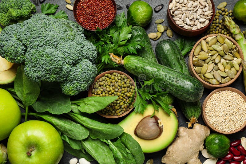 Different Vegetables, Seeds and Fruits on Black Table, Flat Lay. Healthy Diet Stock Image