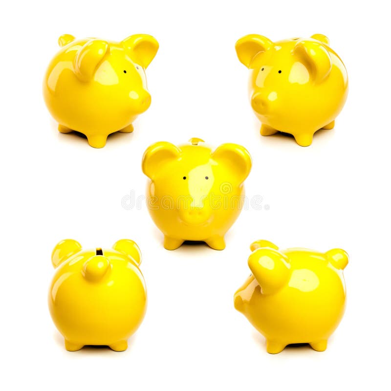 Different views of yellow piggy pig bank on white background stock photo