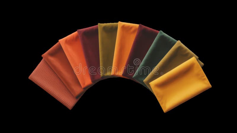Warm colored fabrics forming a semicircle on transparent background stock images