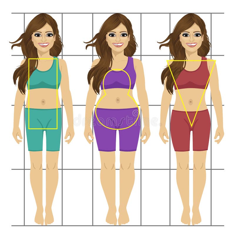Different women's figures. Three female body types: pear, rectangle, inverted triangle. stock illustration