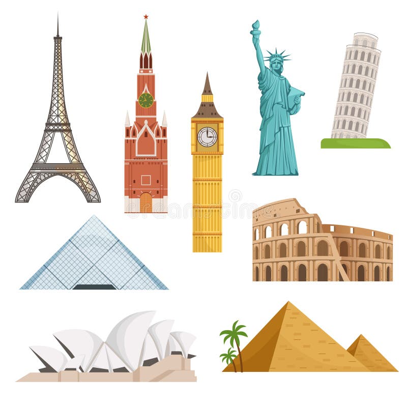 Different world famous symbols set isolate on white. Historical buildings, landmarks. Vector illustrations