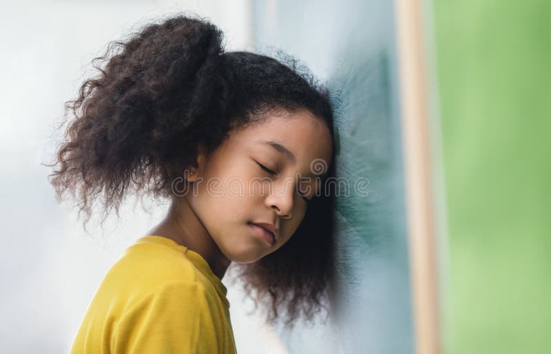 Difficult Learning. Lazy Student African Girl Bending Her Head on ...