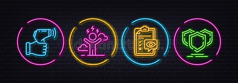 Difficult stress, Electronic thermometer and Eye checklist minimal line icons. For web application, printing Vector. Neon laser 3d lights. Shields icons. For web, application, printing. Mind anxiety, Temperature scan, Optometry. Vector.