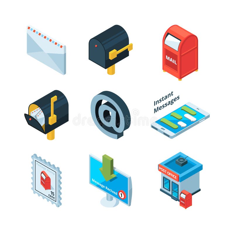 Simboluri poștale diferite. imagini izometrice ale latoților cutiei poștale și ale semnului de e-mail stock illustration