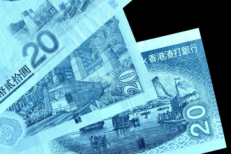 Différentes factures en vingt dollars de Hong Kong Couleur bleue de fond d'argent modifiée la tonalité photo stock Différentes factures en vingt dollars de Hong Kong Couleur bleue de fond d'argent modifiée la tonalité photo stock