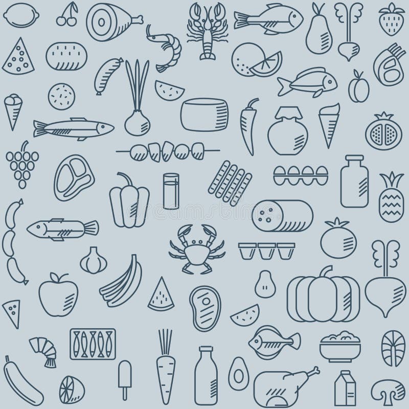 Différentes icônes alimentaires. fruits de mer symboles de la viande et des légumes. graphisme élégant linéaire illustration stock