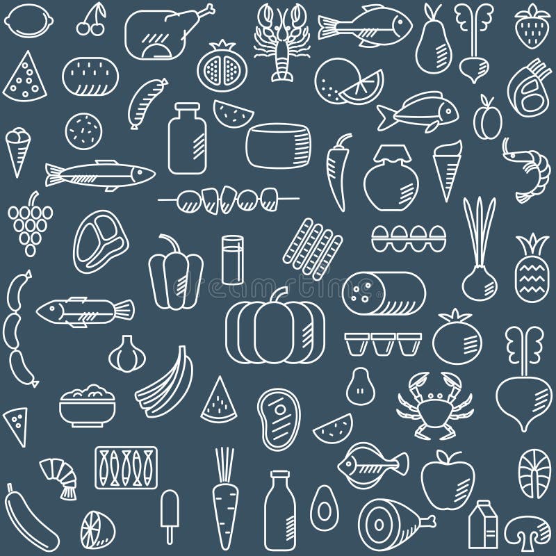 Différentes icônes alimentaires. fruits de mer symboles de la viande et des légumes. graphisme élégant linéaire. texture pour le m illustration de vecteur