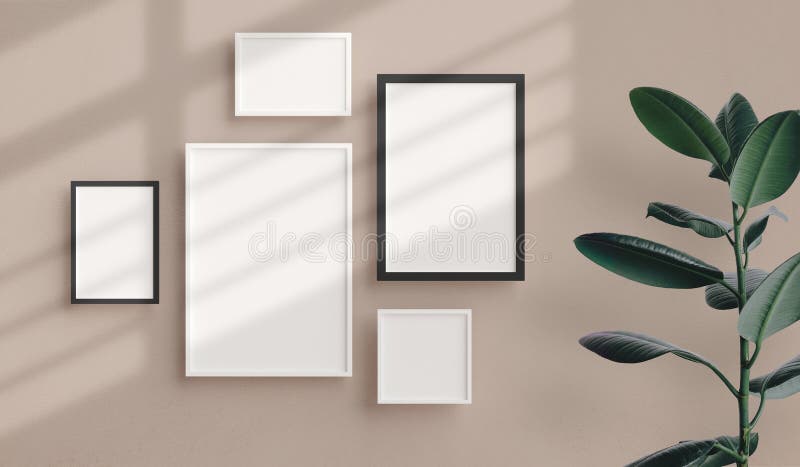 Various sizes of minimal photo frames mockup hanging on the apartment wall. Modern home interior design, blank empty frame template, nordic style. Various sizes of minimal photo frames mockup hanging on the apartment wall. Modern home interior design, blank empty frame template, nordic style