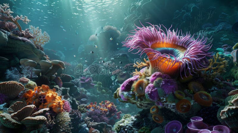 Variety of sea anemones captured within the image, showcasing their diverse shapes and colors in the underwater environment. AI generated. Variety of sea anemones captured within the image, showcasing their diverse shapes and colors in the underwater environment. AI generated