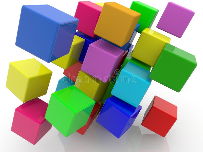 Différents blocs de jouets de couleur sur fond blanc