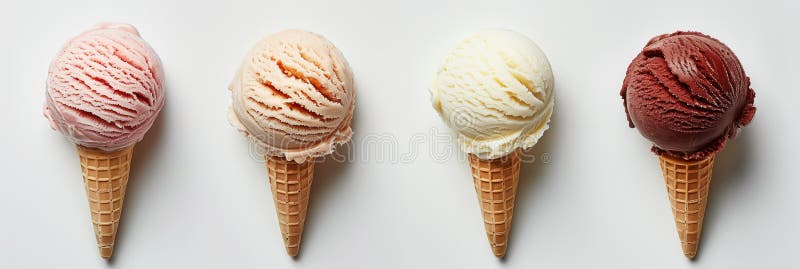 Different flavored ice cream cones lined up on white background banner. Panoramic web header. Wide screen wallpaper. AI generated. Different flavored ice cream cones lined up on white background banner. Panoramic web header. Wide screen wallpaper. AI generated